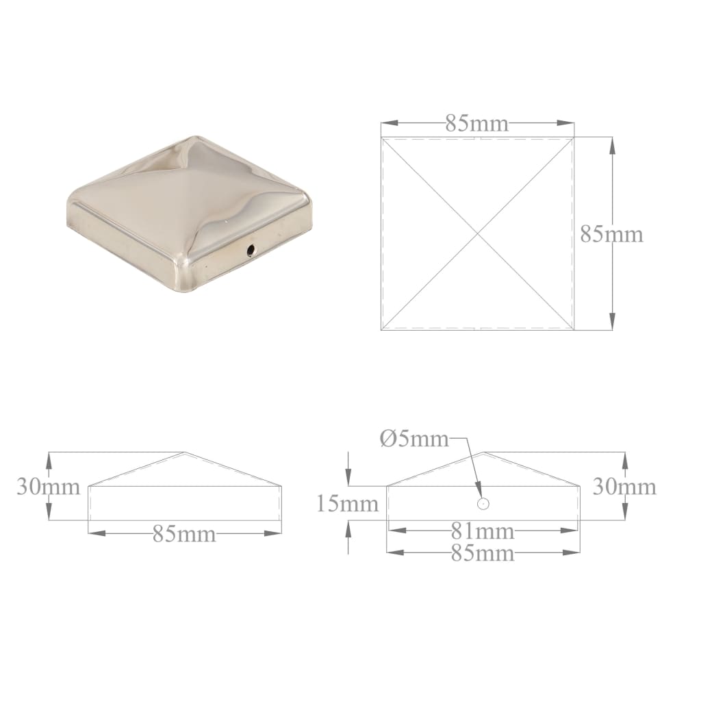 Pfostenkappen 6 Stk. Pyramide Edelstahl 81 x 81 mm