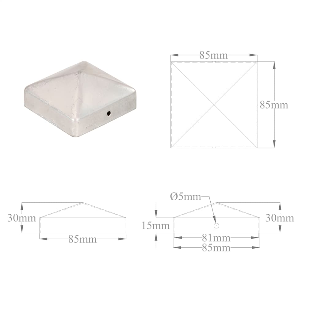 Pfostenkappen 6 Stk. Pyramide Verzinktes Metall 81 x 81 mm