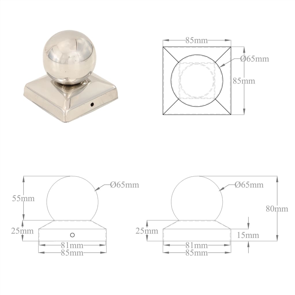 Pfostenkappen 6 Stk. Kugelform Edelstahl 81 x 81 mm