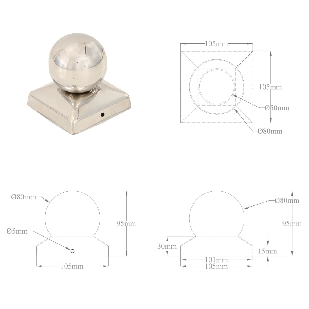 Pfostenkappen 6 Stk. Kugelform Edelstahl 101 x 101 mm