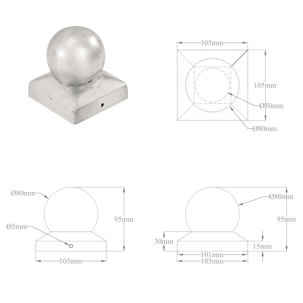 Pfostenkappen 6 Stk. Kugelform Verzinktes Metall 101 x 101 mm
