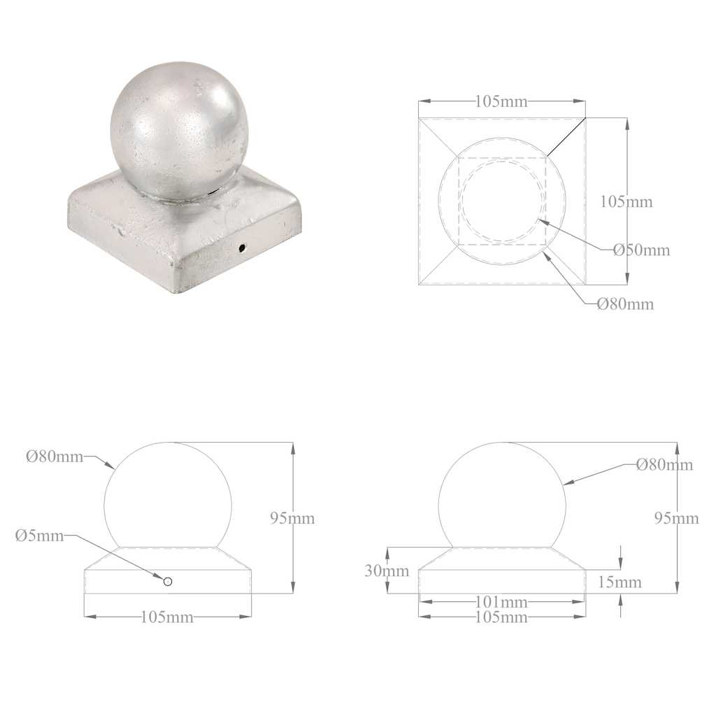 Pfostenkappen 6 Stk. Kugelform Verzinktes Metall 101 x 101 mm