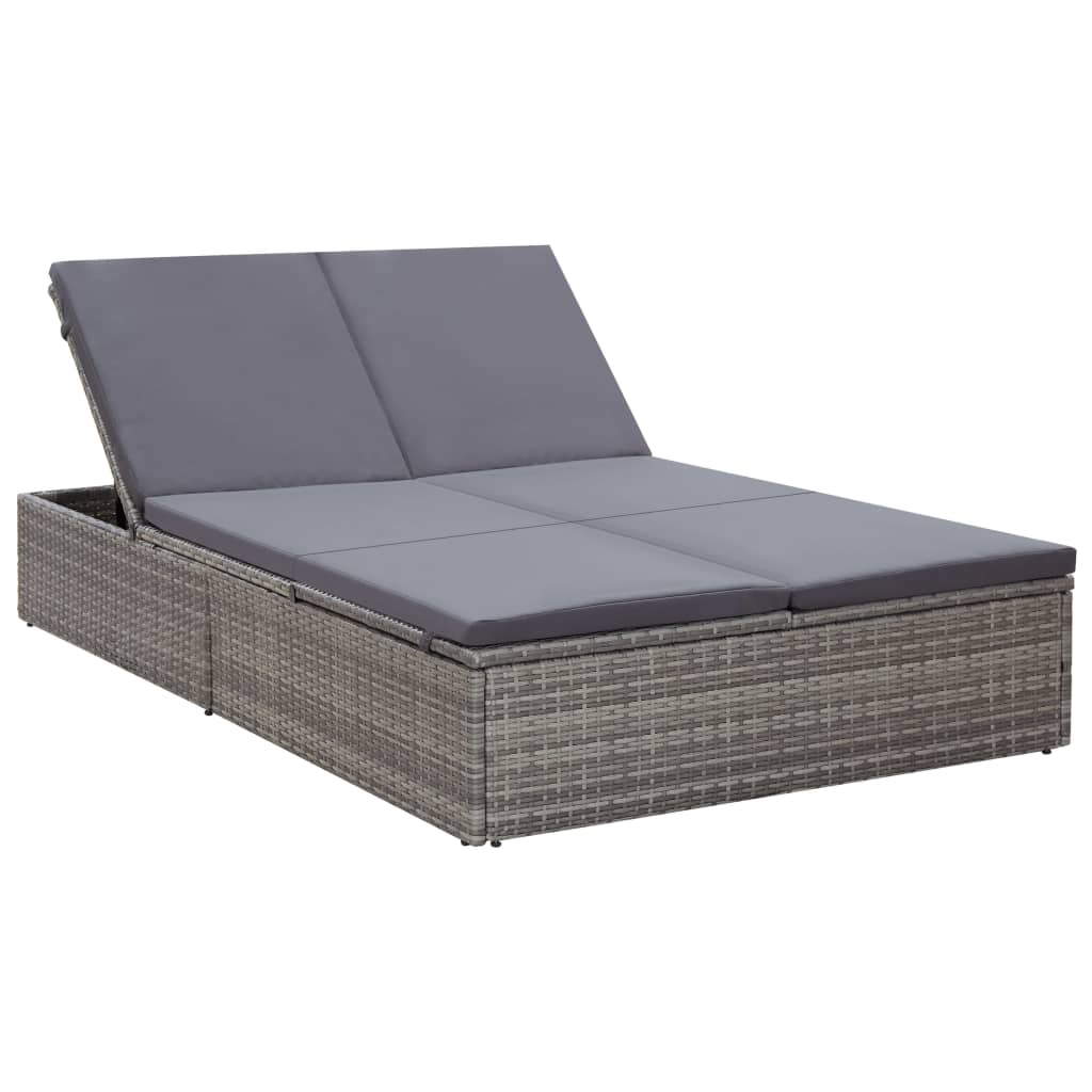 Doppel-Sonnenliege mit Auflage Poly Rattan Grau