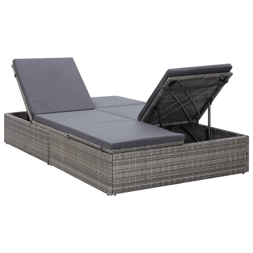Doppel-Sonnenliege mit Auflage Poly Rattan Grau