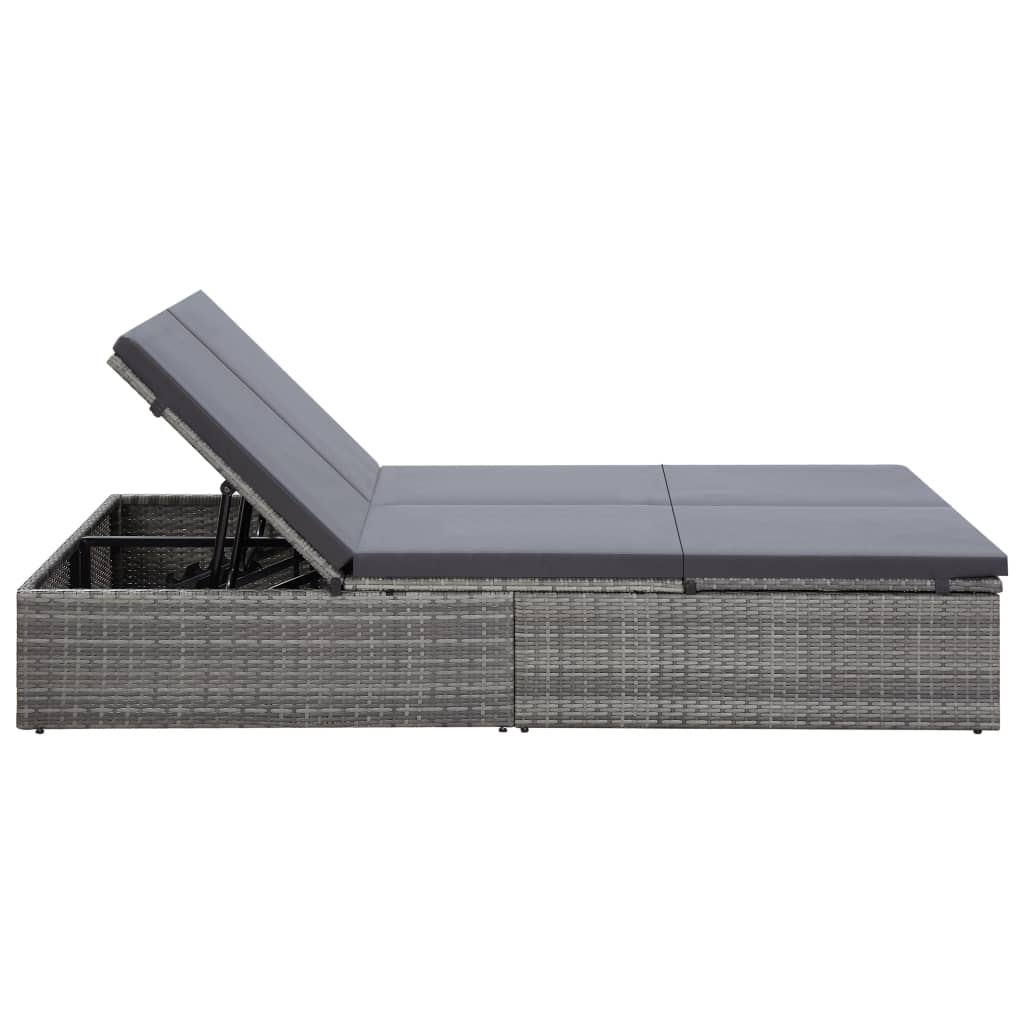 Doppel-Sonnenliege mit Auflage Poly Rattan Grau