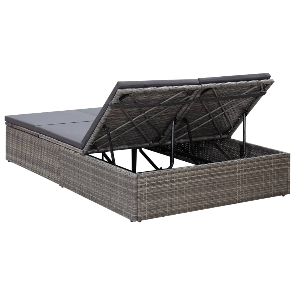 Doppel-Sonnenliege mit Auflage Poly Rattan Grau