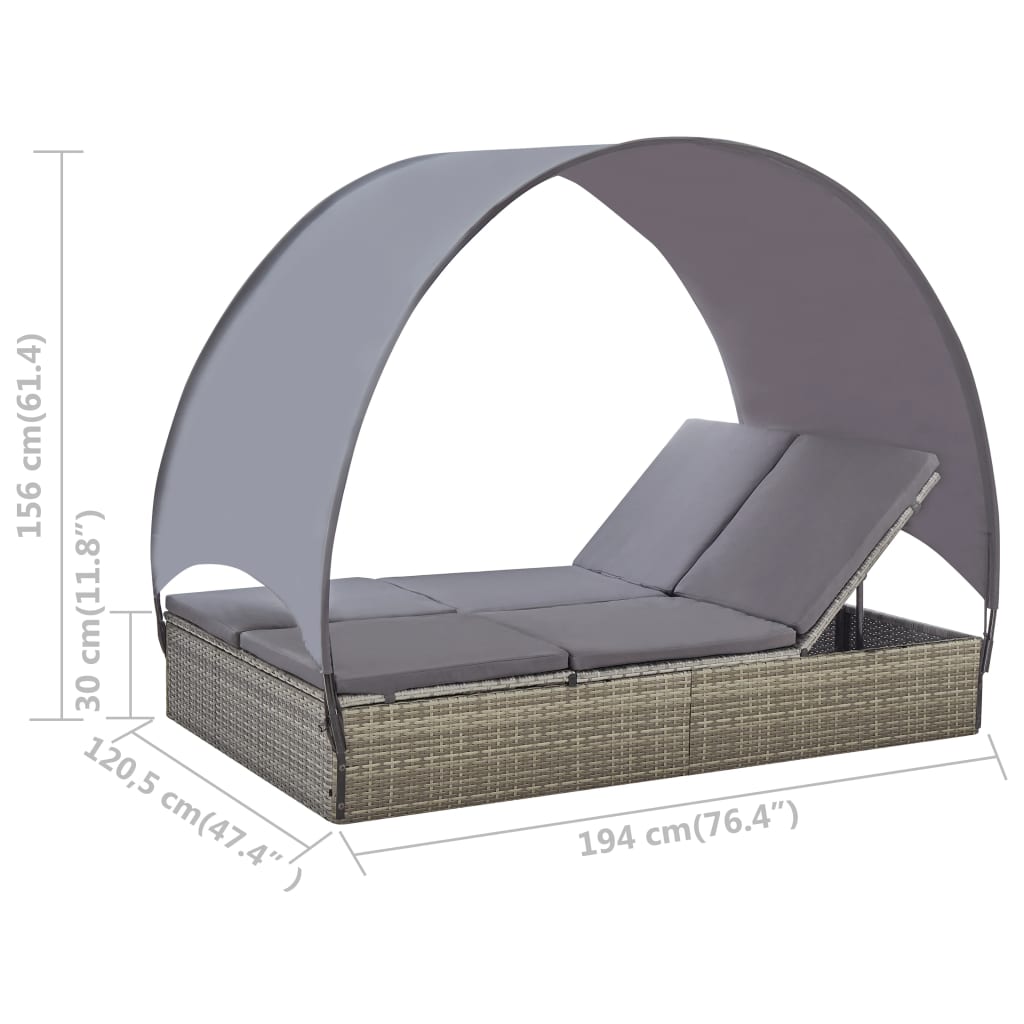 Doppel-Sonnenliege mit Sonnendach Poly Rattan Grau