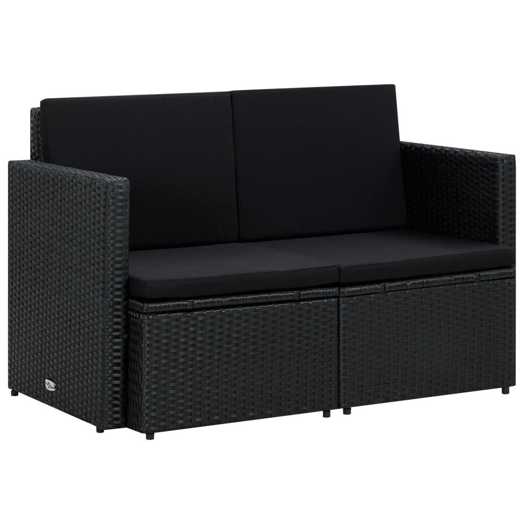 2-Sitzer-Gartensofa mit Auflagen Schwarz Poly Rattan