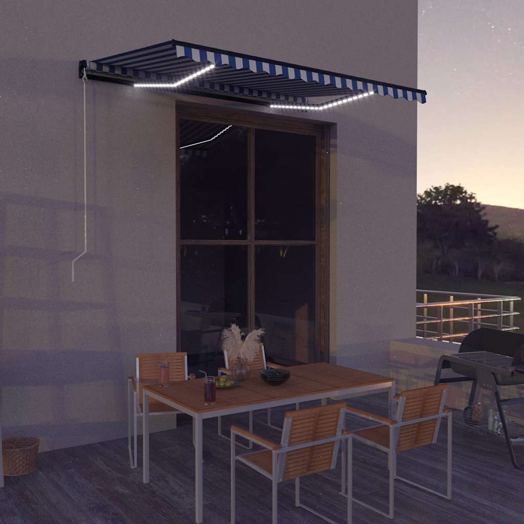 Manuelle Markise mit Solar-LED 3,5 x 2,5 m Blau-weiß gestreift