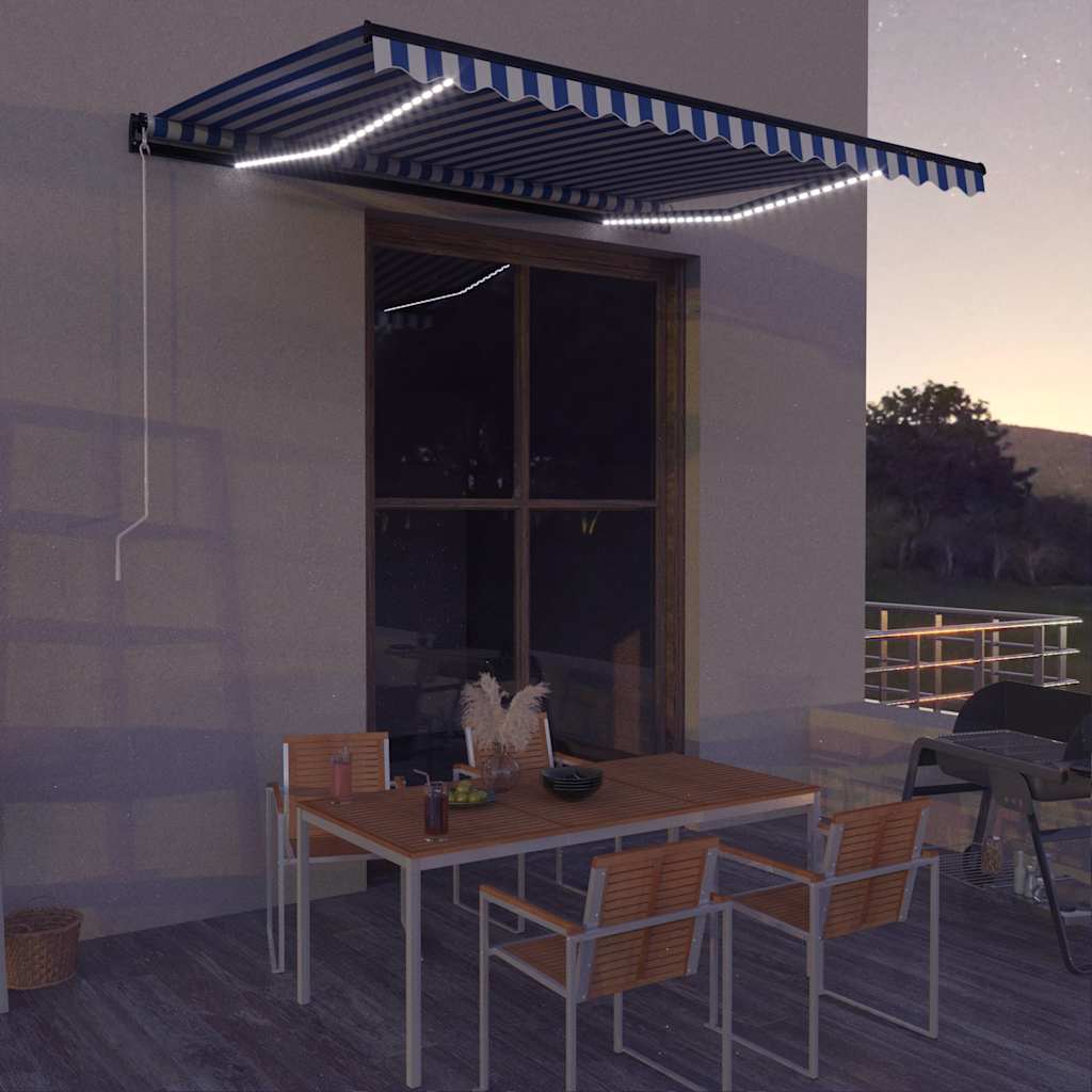 Manuelle Markise mit Solar-LED 4 x 3 m Blau-weiß gestreift