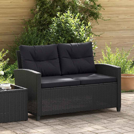 Canapé de jardin 2 places avec coussins, noir, 124 cm, polyrotin