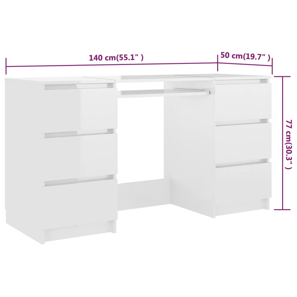 Bureau blanc brillant 140x50x77 cm en bois