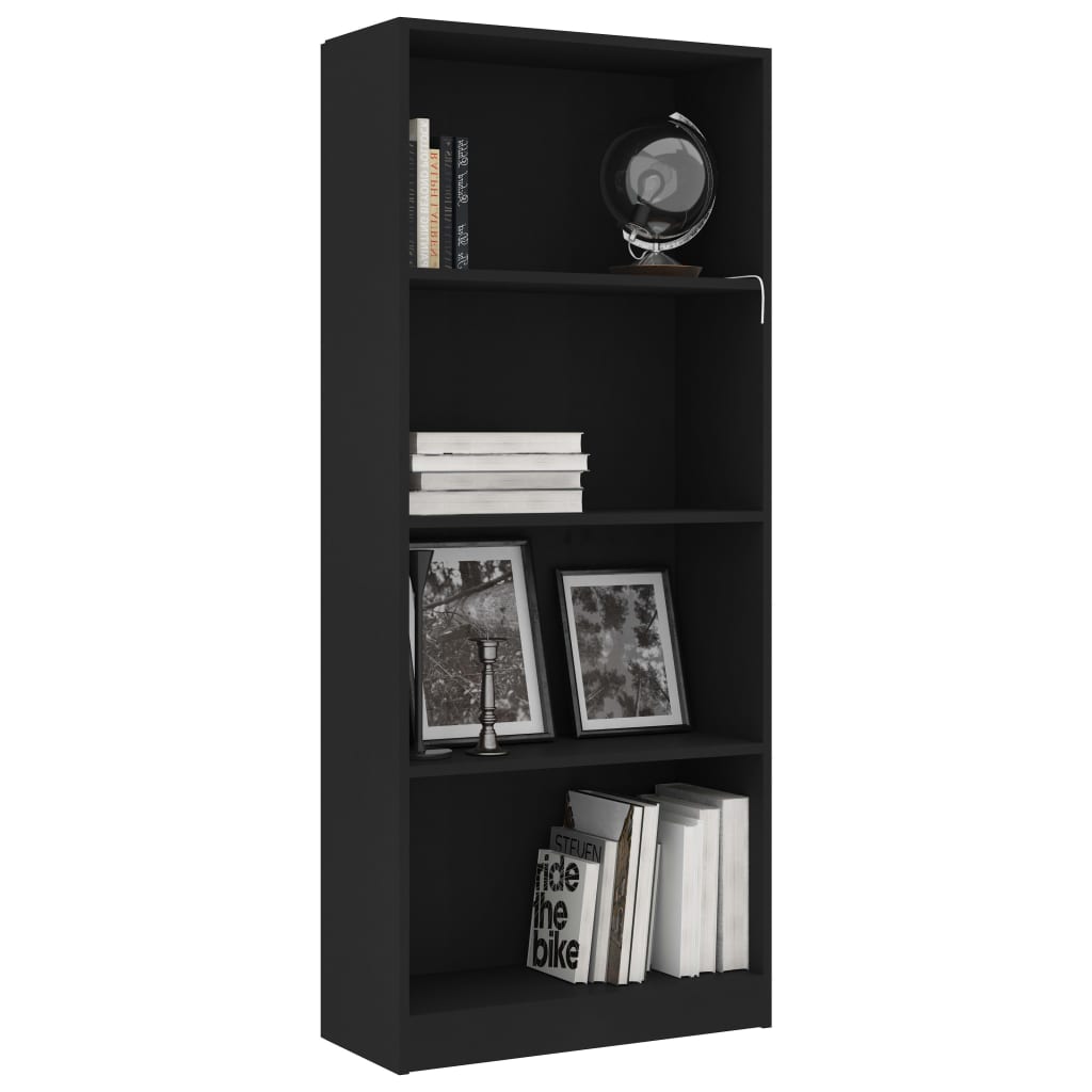 Bibliothèque 4 compartiments noir 60x24x142 cm en bois