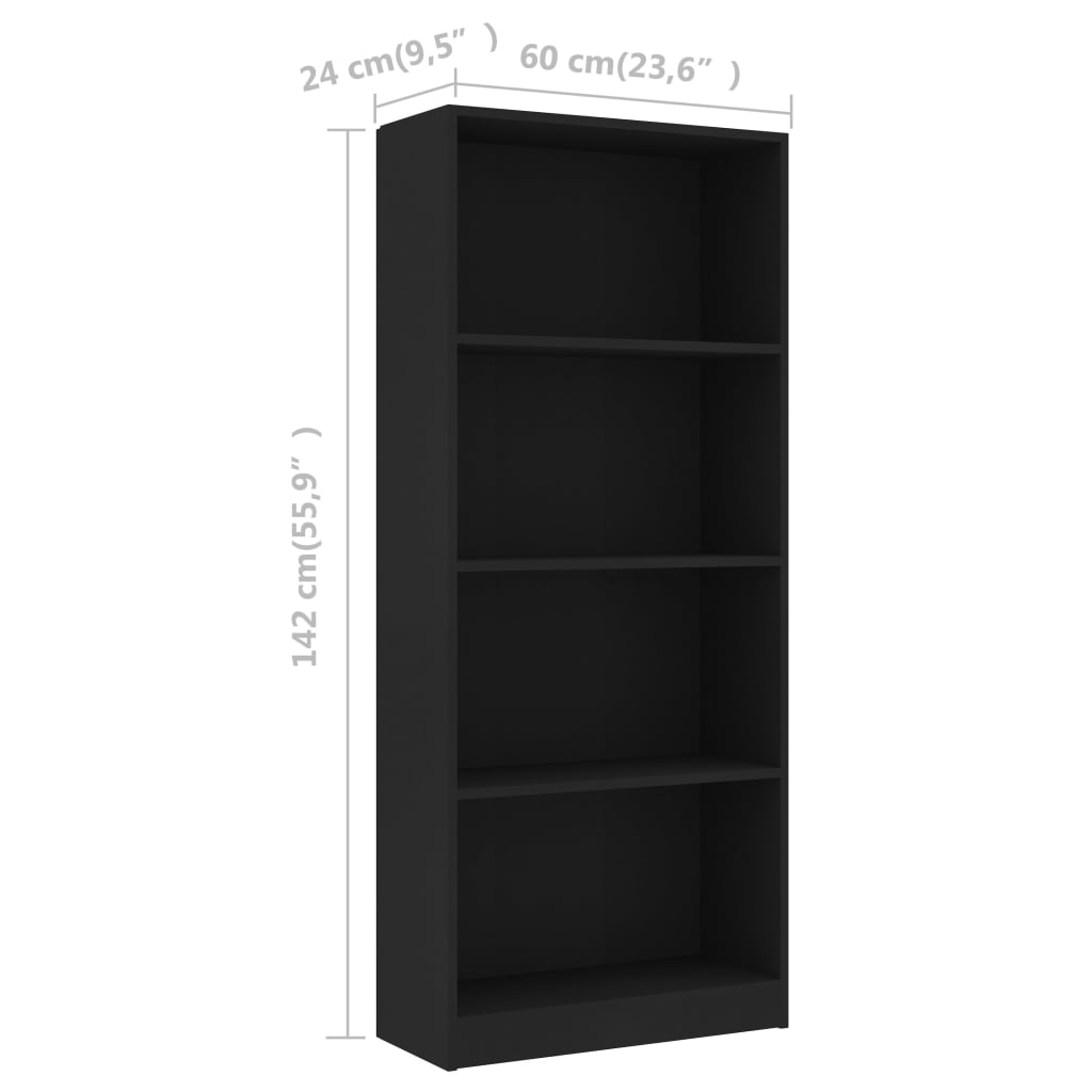 Bücherregal 4 Fächer Schwarz 60x24x142 cm Holzwerkstoff