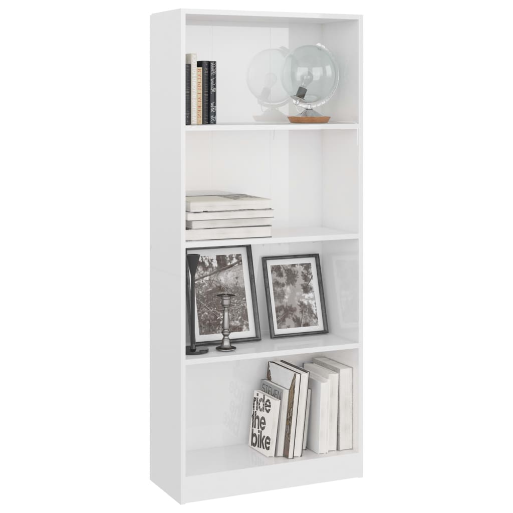 Bibliothèque 4 compartiments blanc brillant 60x24x142 cm en bois