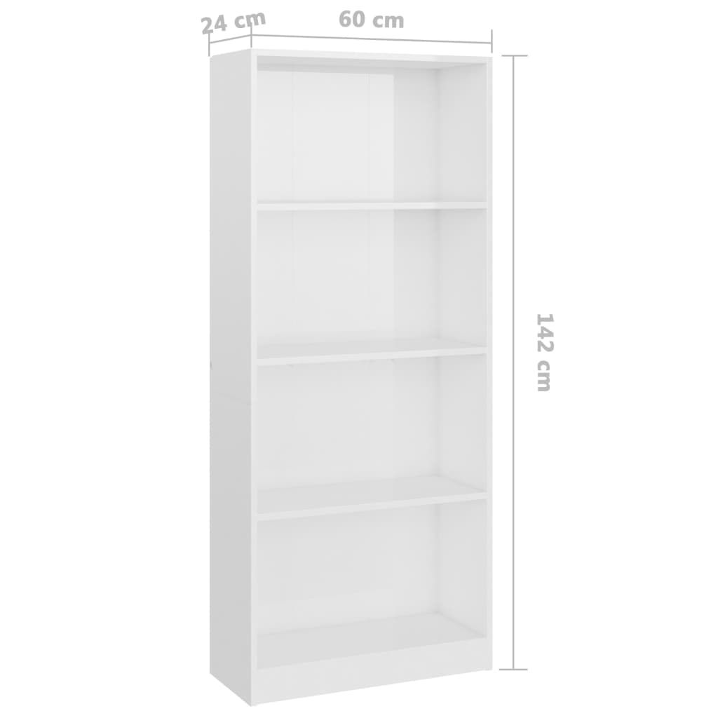 Bibliothèque 4 compartiments blanc brillant 60x24x142 cm en bois