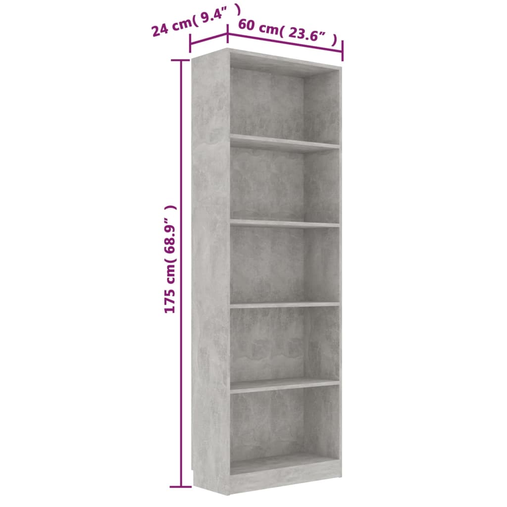 Bibliothèque 5 compartiments gris béton 60x24x175 cm en bois