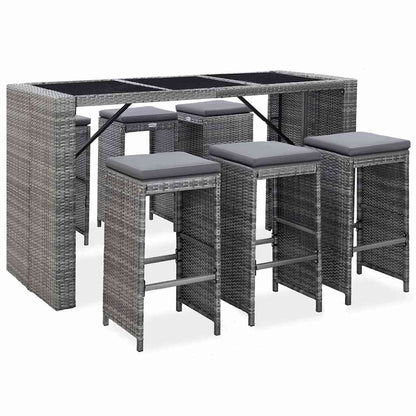 7-tlg. Gartenbar-Set mit Auflagen Poly Rattan Grau