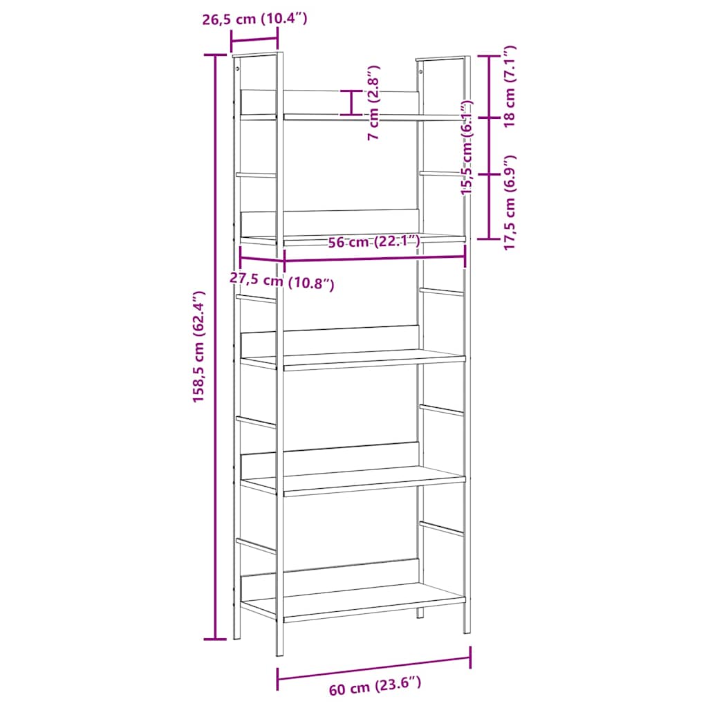 Bücherregal 5 Regalböden Weiß 60x27,6x158,5 cm Holzwerkstoff