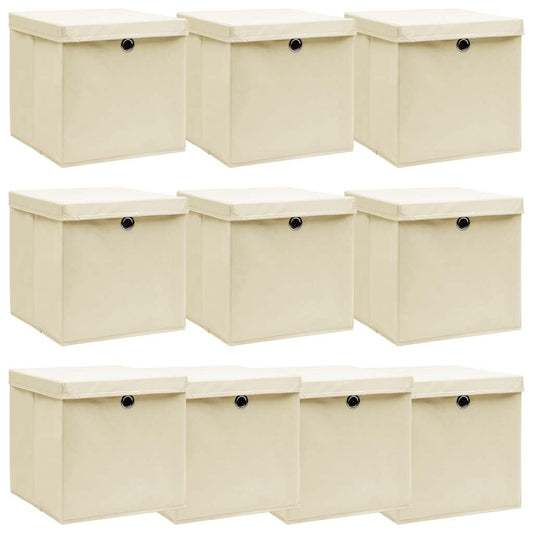 Aufbewahrungsboxen mit Deckel 10 Stk. Creme 32x32x32 cm Stoff