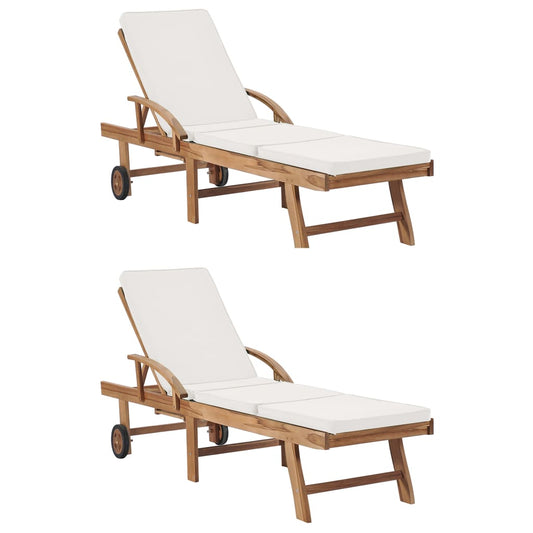 Sun loungers with cushions 2 pcs. Solid teak wood cream