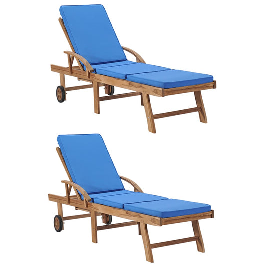 Sun loungers with cushions 2 pcs. Solid teak wood blue