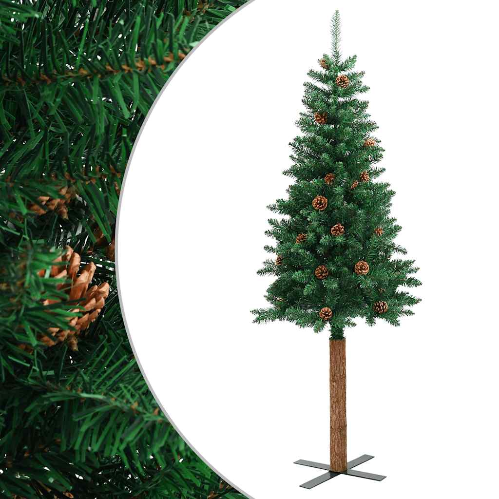 Weihnachtsbaum Schlank mit Echtholz und Zapfen Grün 210 cm PVC