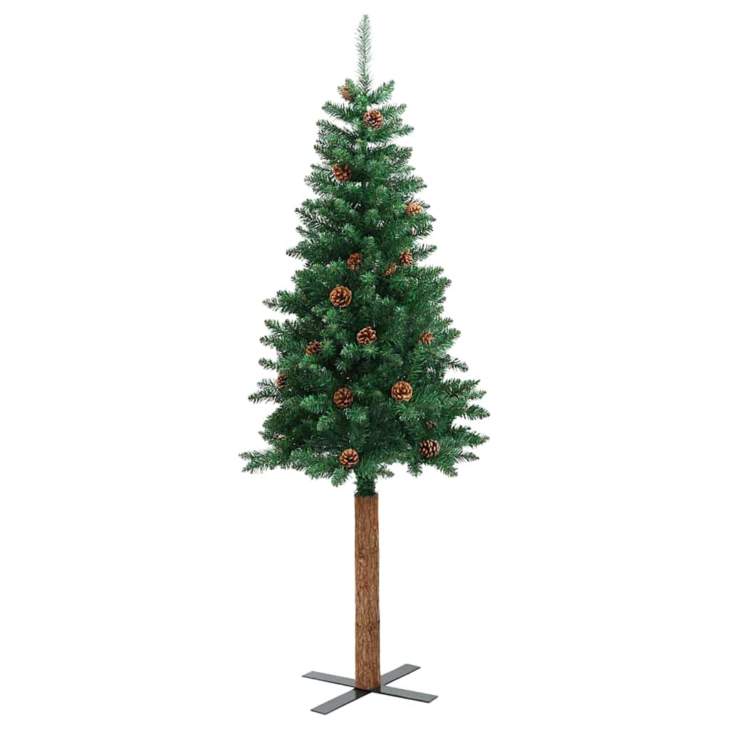 Weihnachtsbaum Schlank mit Echtholz und Zapfen Grün 210 cm PVC