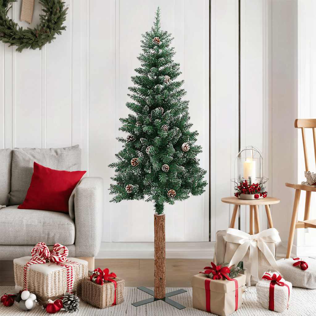 Weihnachtsbaum Schlank mit Echtholz und Schnee Grün 150 cm