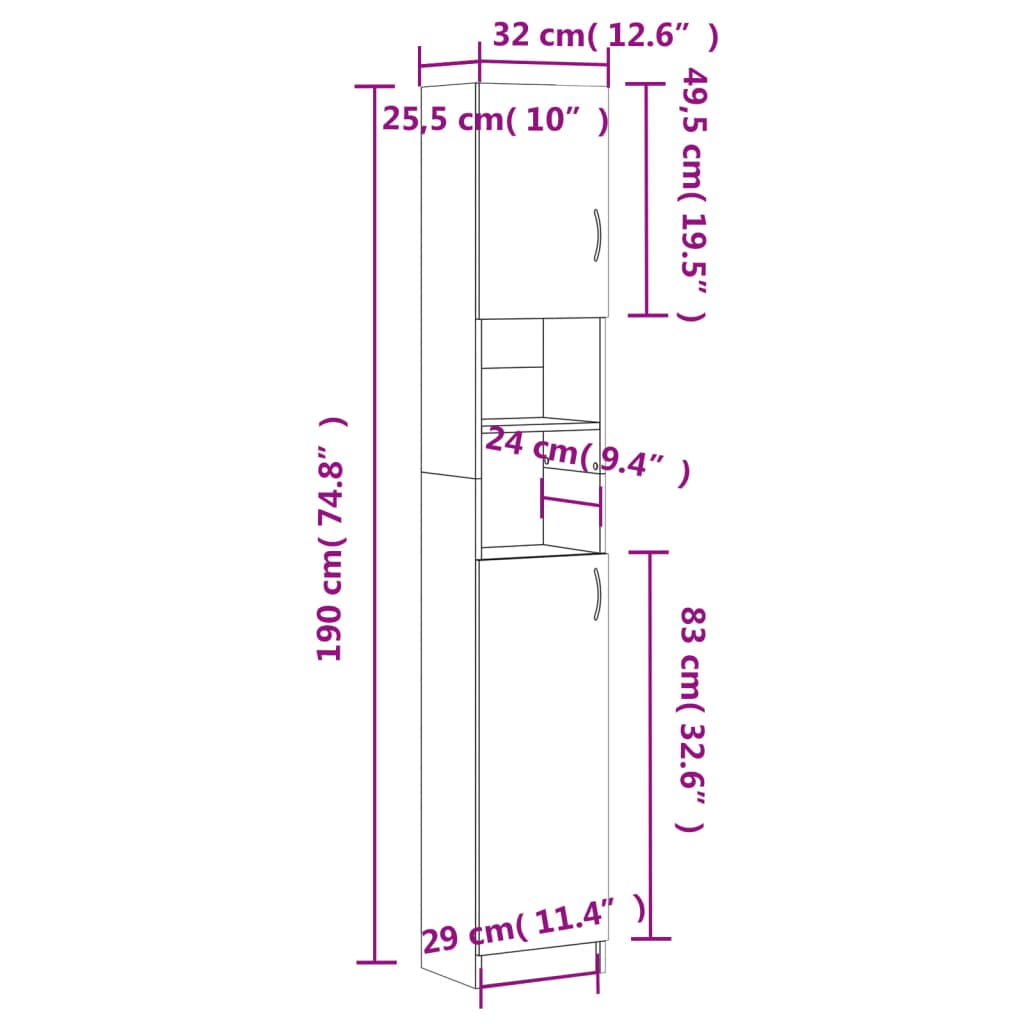 Badezimmerschrank Grau 32x25,5x190 cm Holzwerkstoff