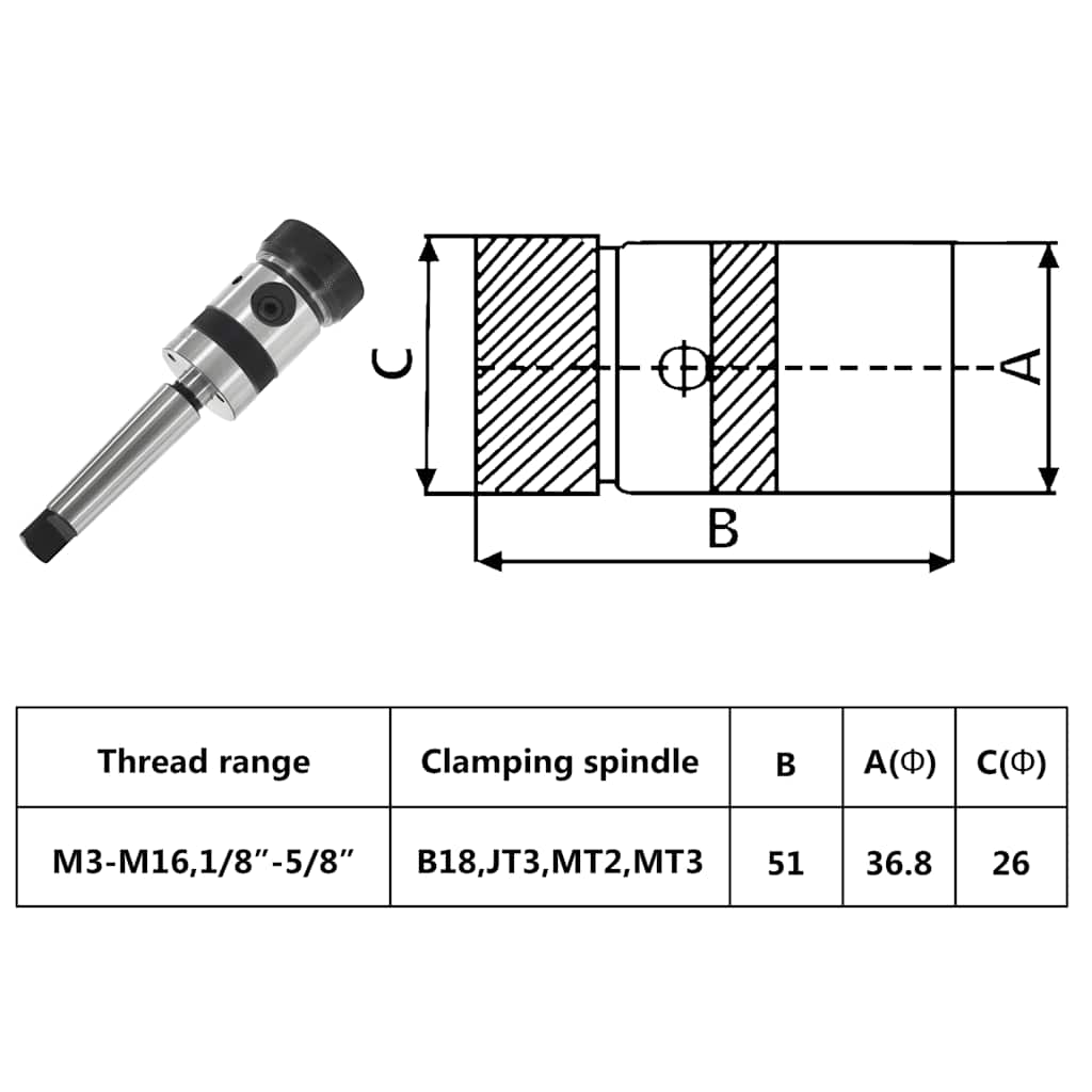 Bohrfutter TC16-B18 mit MT3-Schaft für Innengewinde M3-M16