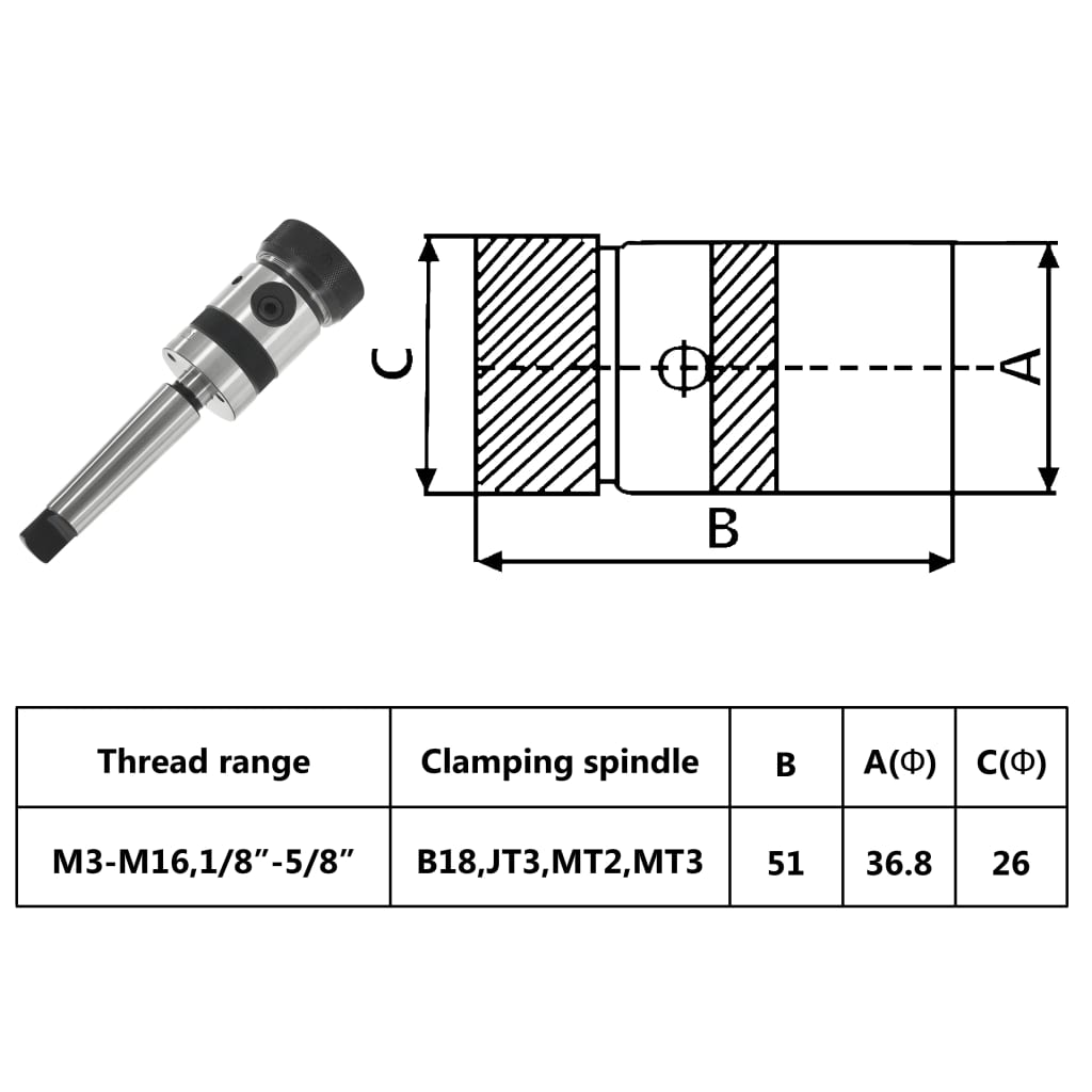 Bohrfutter TC16-B18 mit MT3-Schaft für Innengewinde M3-M16