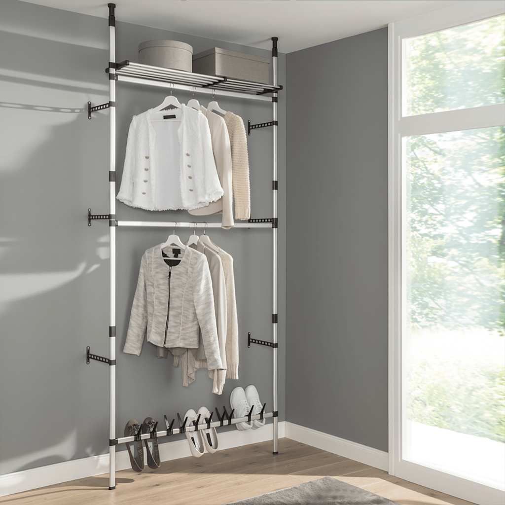 Teleskop-Garderobe mit Stangen und Regal Aluminium