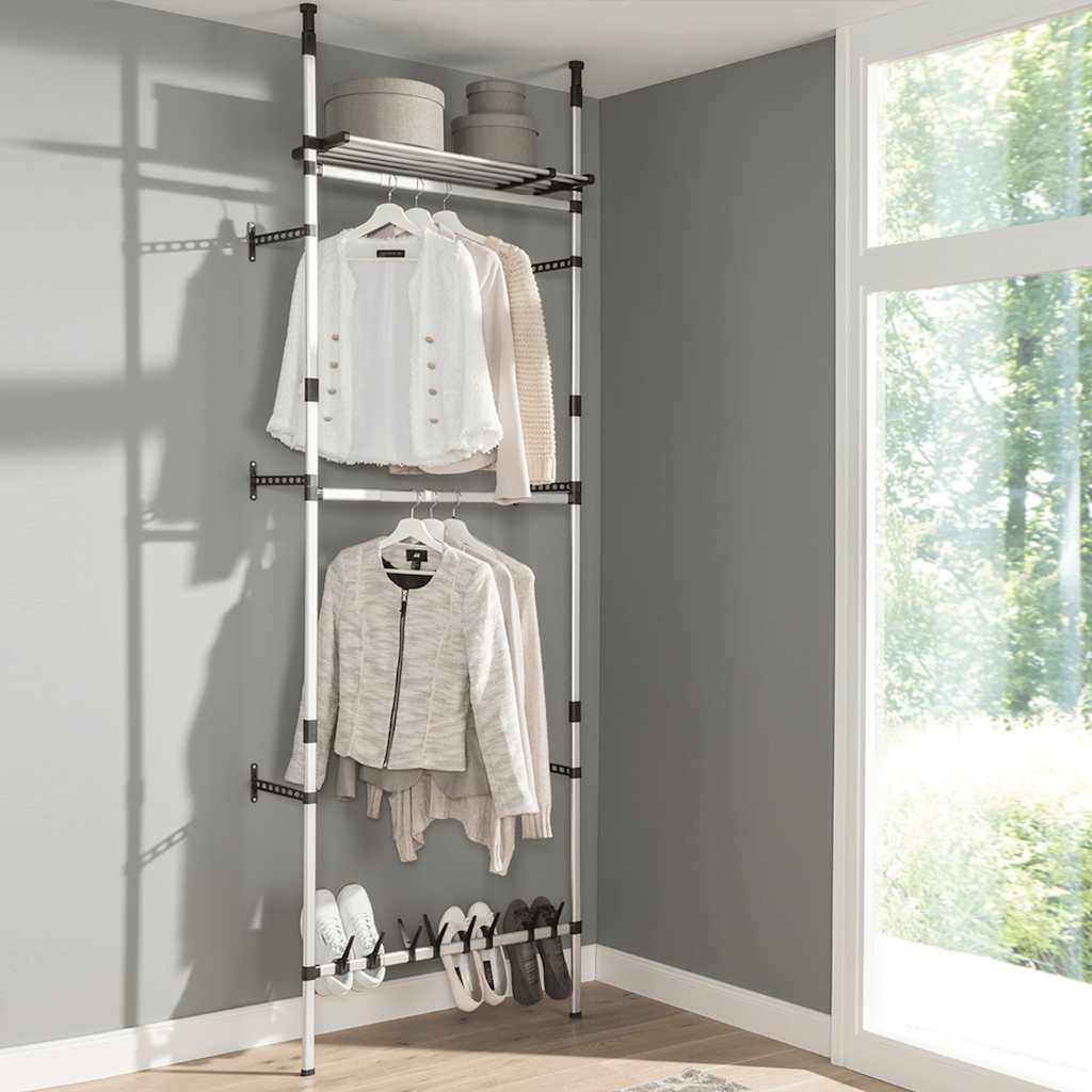Teleskop-Garderobe mit Stangen und Regal Aluminium