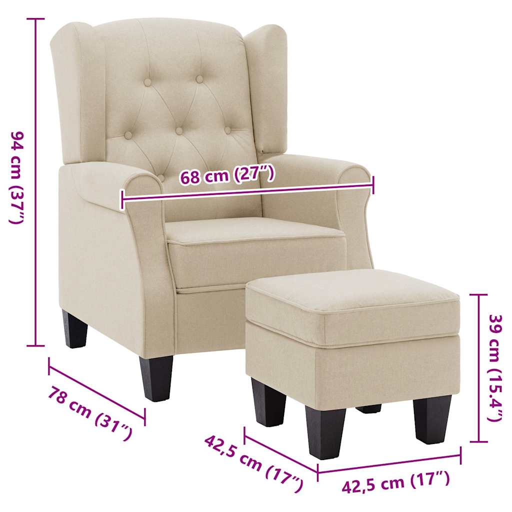Sessel mit Fußhocker Creme Stoff