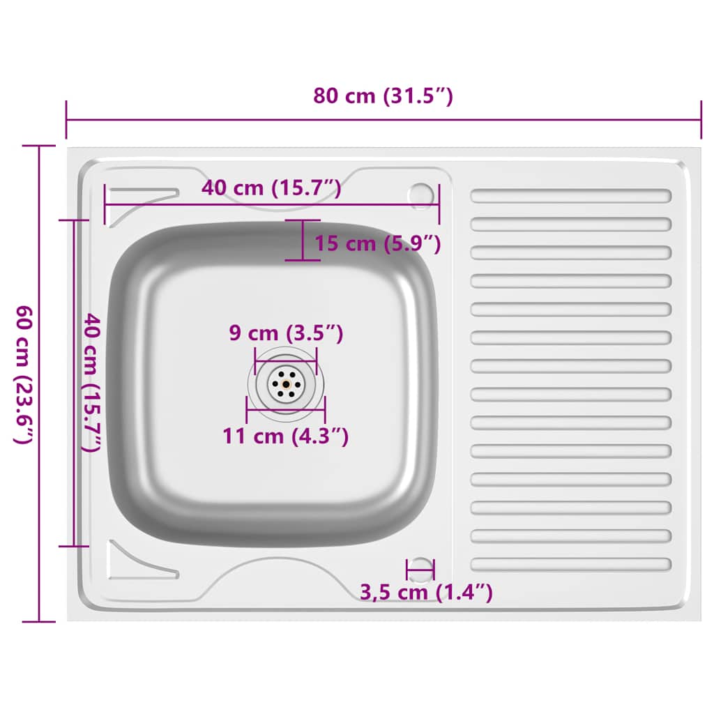 Spüle mit Abtropffläche Set Silbern 800x600x155 mm Edelstahl