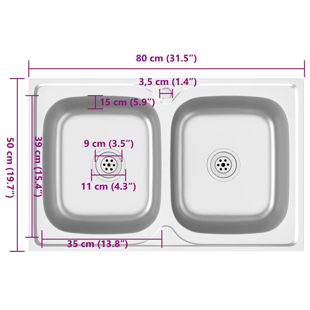 Doppelspüle Silbern 800x500x155 mm Edelstahl