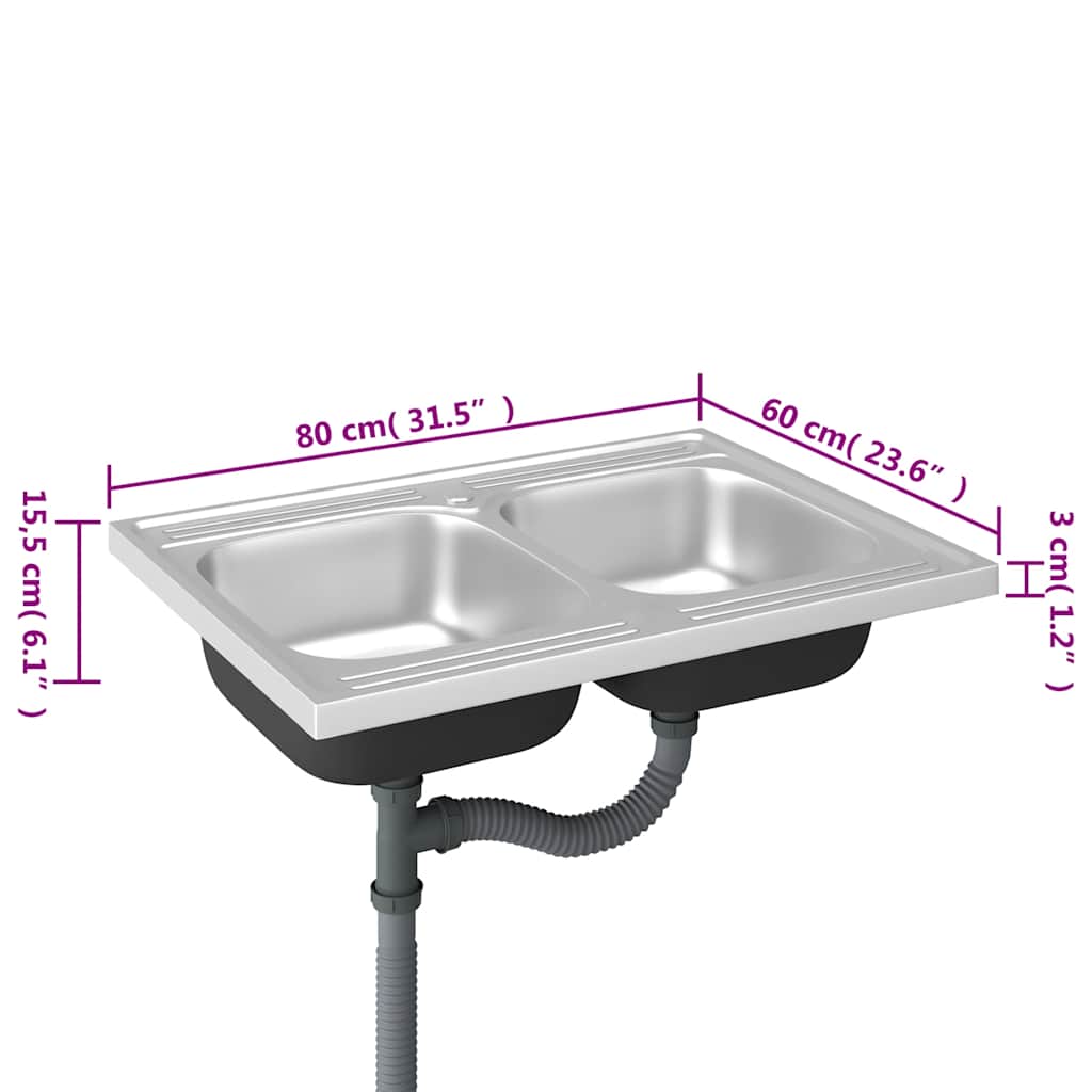 Doppelspüle Silbern 800x600x155 mm Edelstahl