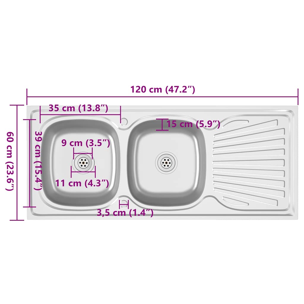 Doppelspüle Silbern 1200x600x155 mm Edelstahl