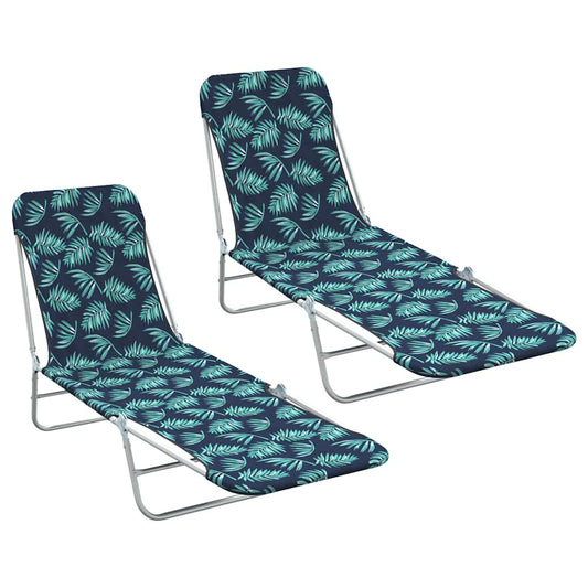 Folding sun loungers 2 pcs. Steel and fabric leaf pattern