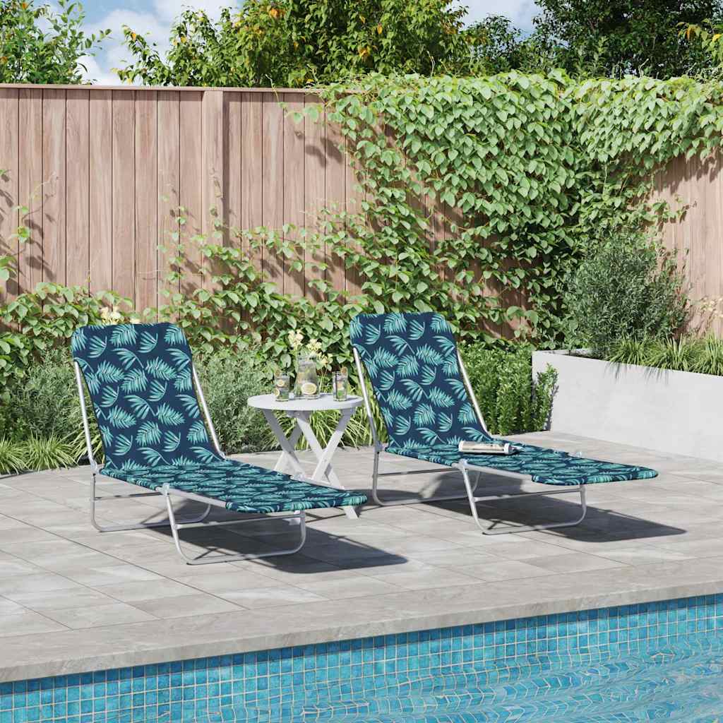 Folding sun loungers 2 pcs. Steel and fabric leaf pattern