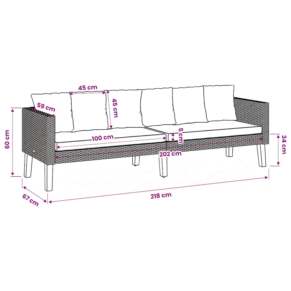 3-Sitzer-Gartensofa mit Auflagen Poly Rattan Schwarz