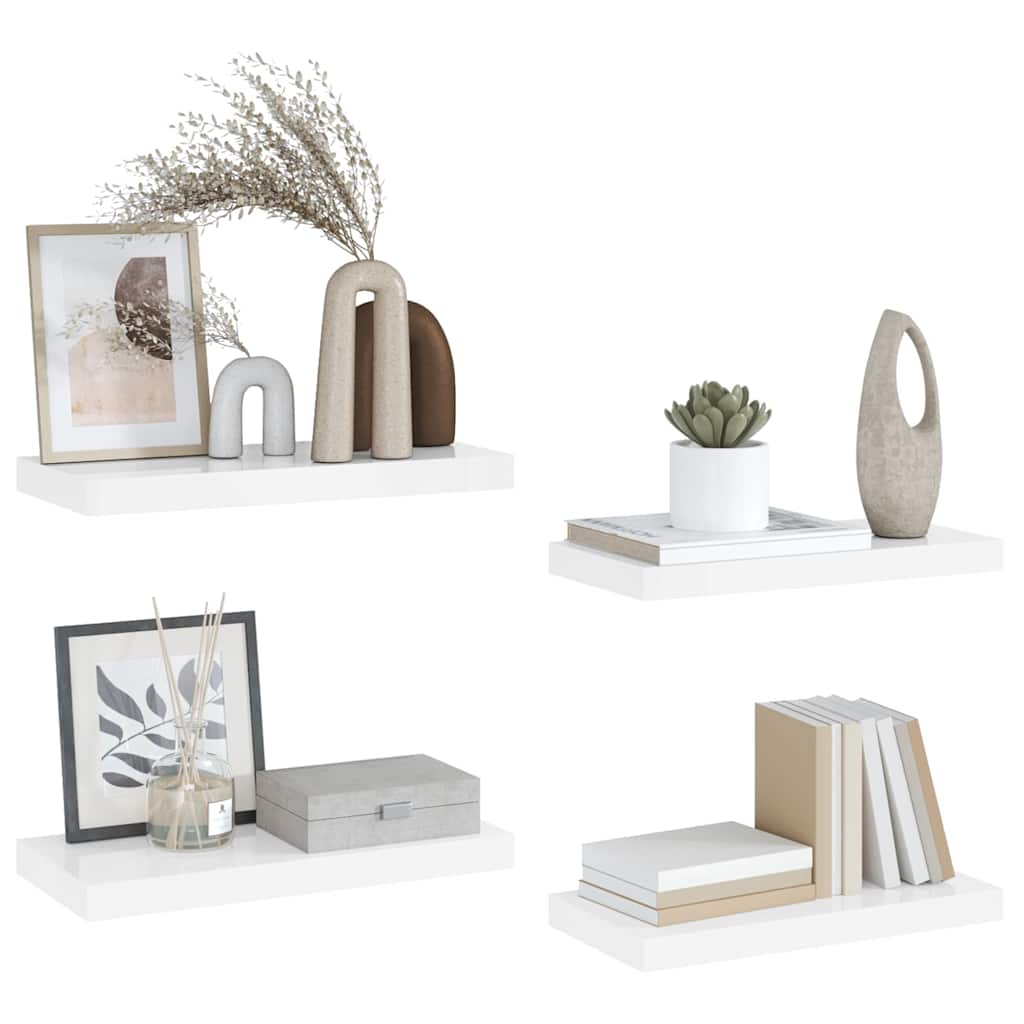 Schweberegale 4 Stk. Hochglanz-Weiß 50x23,5x3,8 cm MDF