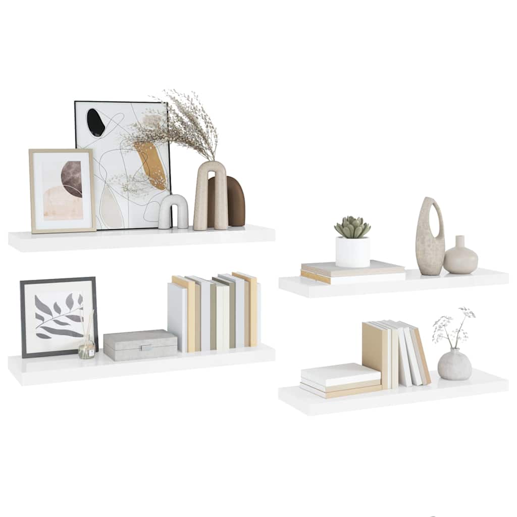 Schweberegale 4 Stk. Hochglanz-Weiß 90x23,5x3,8 cm MDF