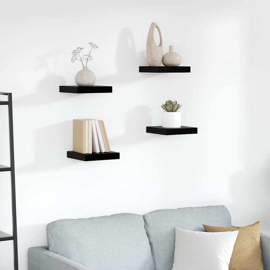 Schweberegale 4 Stk. Hochglanz-Schwarz 23x23,5x3,8 cm MDF