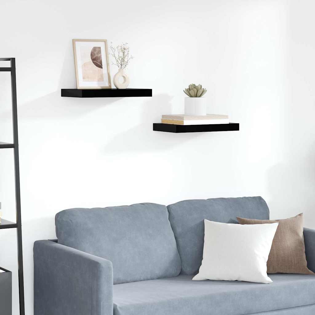 Schweberegale 2 Stk. Hochglanz-Schwarz 40x23,5x3,8 cm MDF