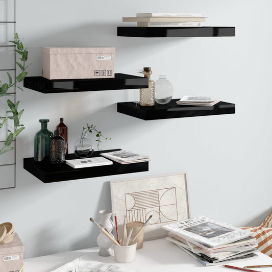 Floating shelves 4 pcs. High-gloss black 40x23x3.8 cm MDF