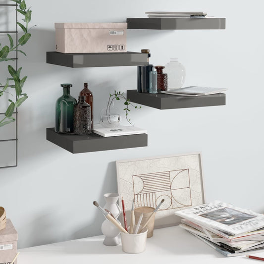 Floating shelves 4 pcs. High-gloss grey 23x23.5x3.8 cm MDF