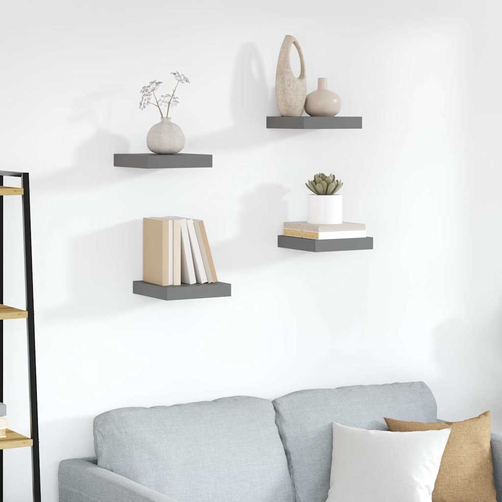 Schweberegale 4 Stk. Hochglanz-Grau 23x23,5x3,8 cm MDF