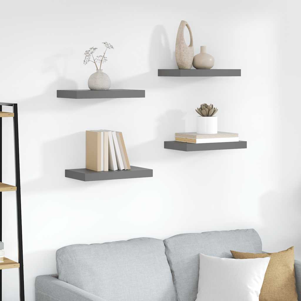 Schweberegale 4 Stk. Hochglanz-Grau 40x23x3,8 cm MDF